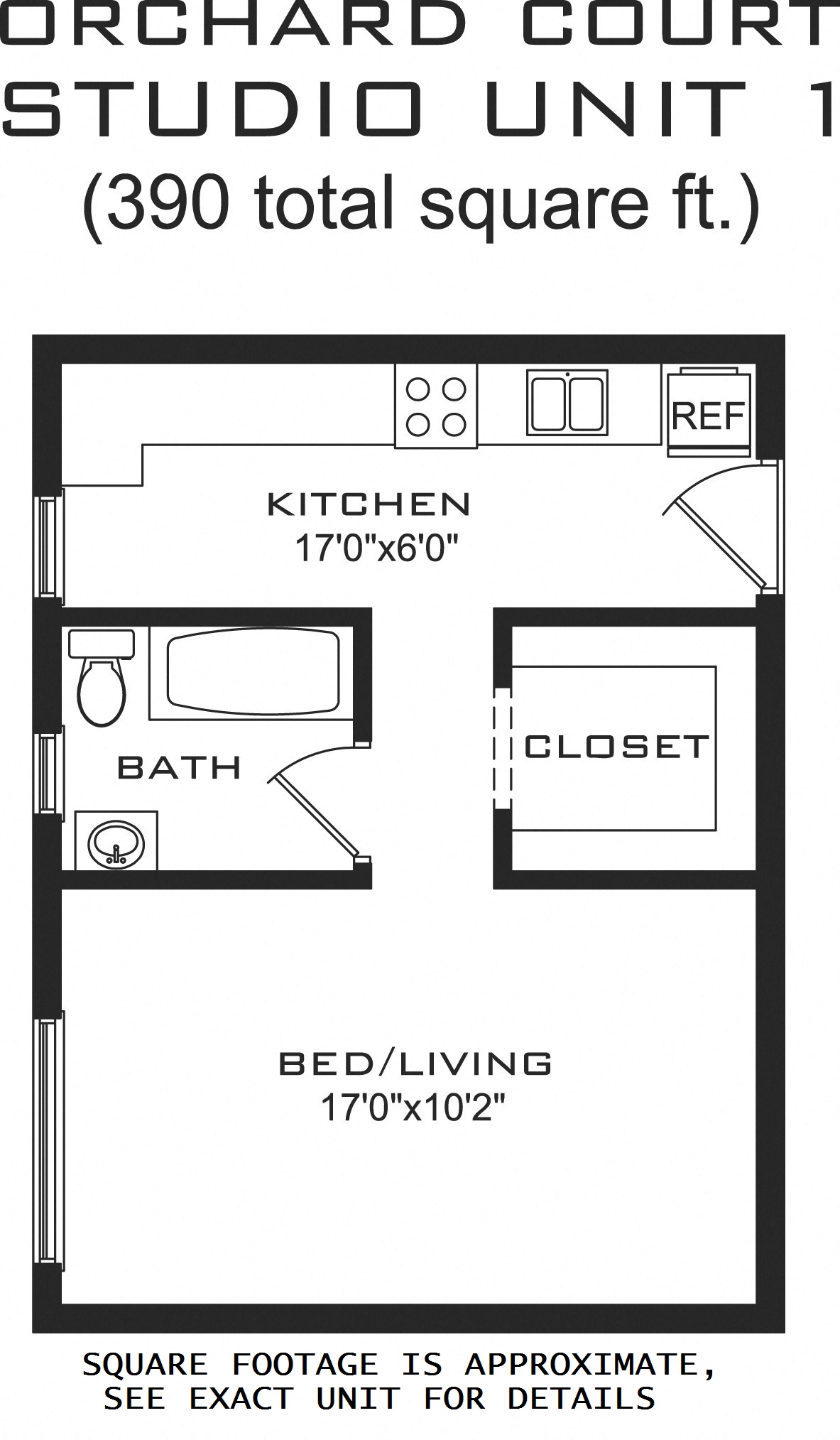 Floor plan for studio, 1 bath, 390 sqft